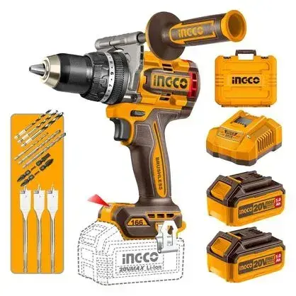 Combo Taladro Atorn. Percutor 166NM 20V +2 BAT 5.0AH + Carg. + Maletin INGCO