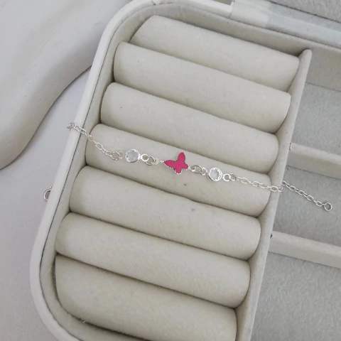 PULSEIRA BORBOLETA RESINADA ROSA E ZIRCONIA