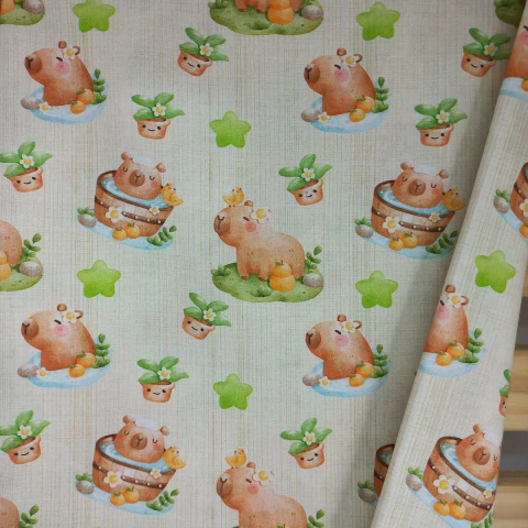 Coleção Capivaras - Capivaras fundo bege riscado -100% algodão - Fabricart - comprar online