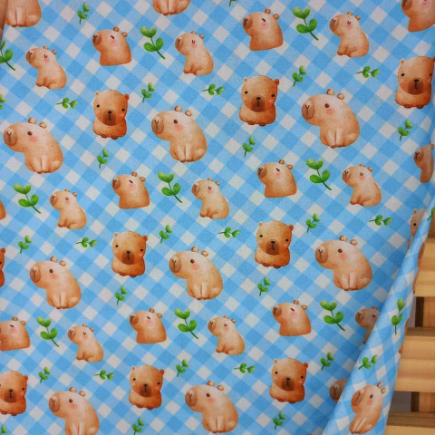 Coleção Capivaras - Capivaras com fundo xadrez azul -100% algodão - Fabricart