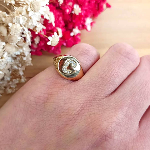 Anel de Dedinho Mindinho com Letra Cravejada de Zircônias Regulável Folheado a Ouro 18K - comprar online