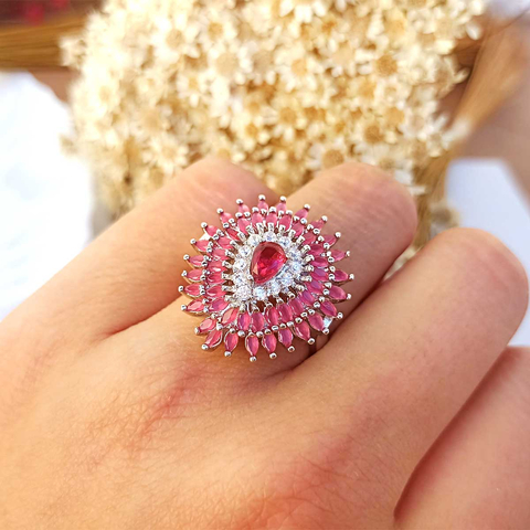 Anel Gota com Cristais Pink e Zircônias Folheado em Ródio Branco - comprar online