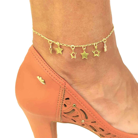 Tornozeleira com Pingentes de Estrelas Cheias e Vazadas Folheada em Ouro 18K - comprar online