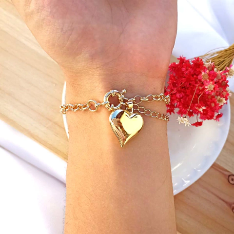 Pulseira Elos Português com Coração Liso Folheado em Ouro 18K - comprar online