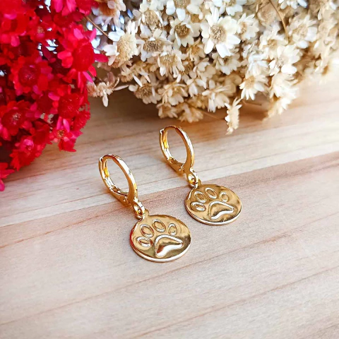 Brinco Argola Fechada Pingente com Patinha de Cachorro Folheado em Ouro 18K