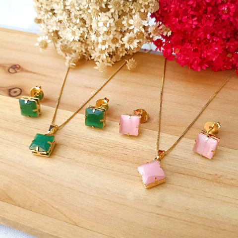 Conjunto Colar e Brincos Quadrado Folheado em Ouro 18K - comprar online