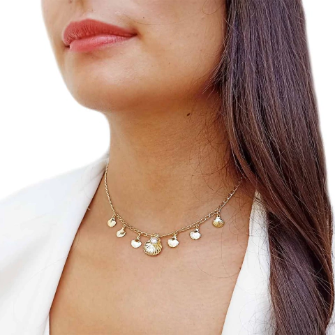 Colar com Conchas e Pérola em Ródio Branco e Folheado em Ouro 18K - comprar online