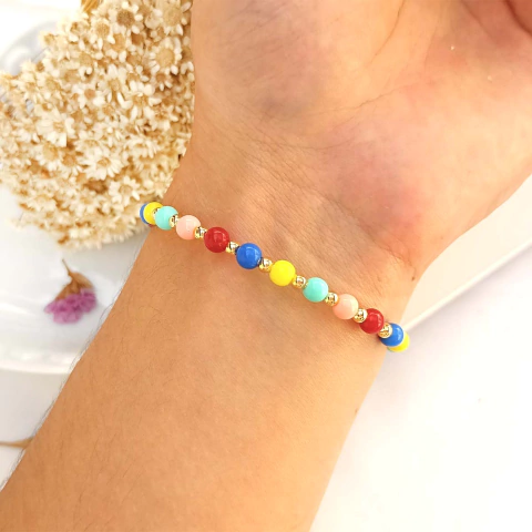 Pulseira Modelo Bracelete com Bolinhas Coloridas Folheada em Ouro 18K - comprar online