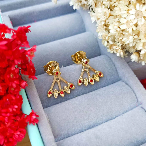 Brinco Pequeno de Leque com Cristais Coloridos Folheado em Ouro 18K - comprar online