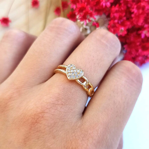 Anel Coração Cravejado e Aro Trabalhado Folheado em Ouro 18K - comprar online