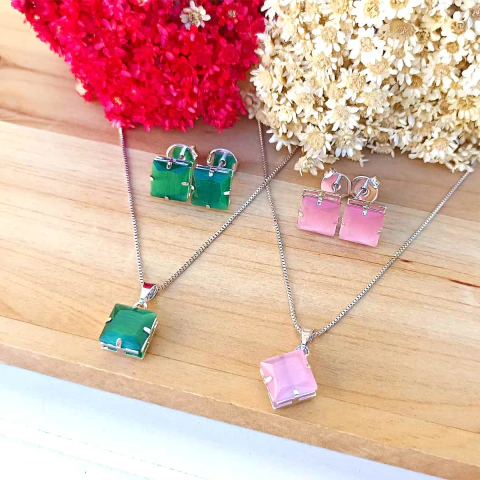 Conjunto Colar e Brincos Quadrado Folheado em Ródio Branco 18K - comprar online