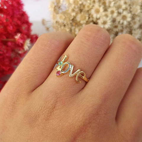 Anel Com Escrita Love Cravejado De Cristal Colorido Folheado em Ouro 18K - comprar online