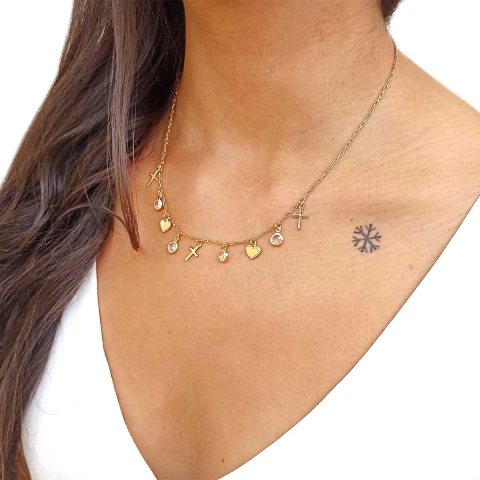 Colar Gargantilha com Cruz Coração e Cristal Folheado em Ouro 18K - comprar online