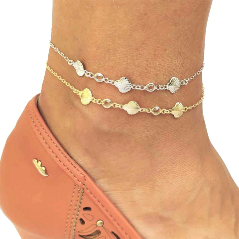 Tornozeleira Com Conchas e Pontos de Luz em Ródio Branco e Folheado em Ouro 18K - comprar online