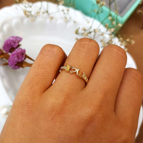 Anel Escrito I Love You com Coração e Zircônias Cravejadas Folheado em Ouro 18K - comprar online