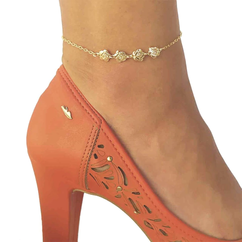 Tornozeleira de Flor e Corrente Elos Português Folheada em Ouro 18K - comprar online
