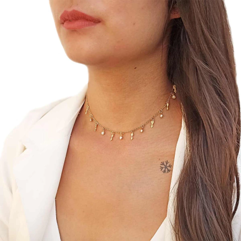 Choker com Pérolas e Pingentes de Flecha Folheado em Ouro 18K - comprar online