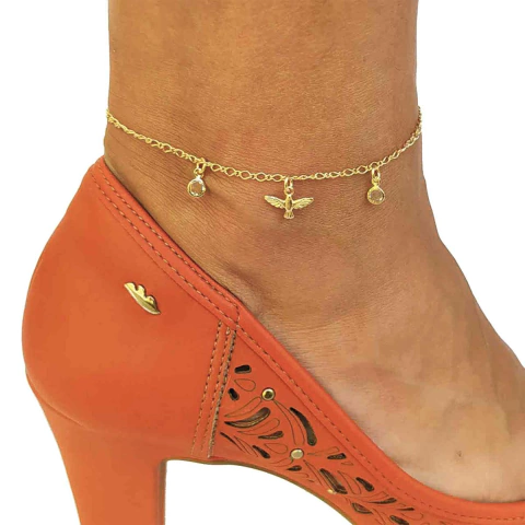 Tornozeleira com Pingente de Espírito Santo e Zircônias Folheada em Ouro 18K - comprar online