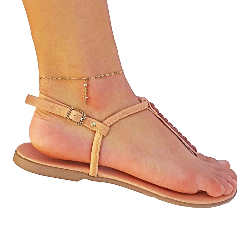 Tornozeleira Delicada de Cruz e Strass Folheada em Ouro 18K - comprar online