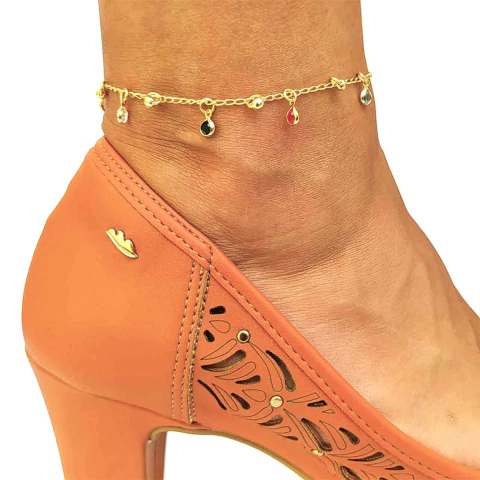 Tornozeleira com Cristais Coloridos Folheada em Ouro 18K - comprar online