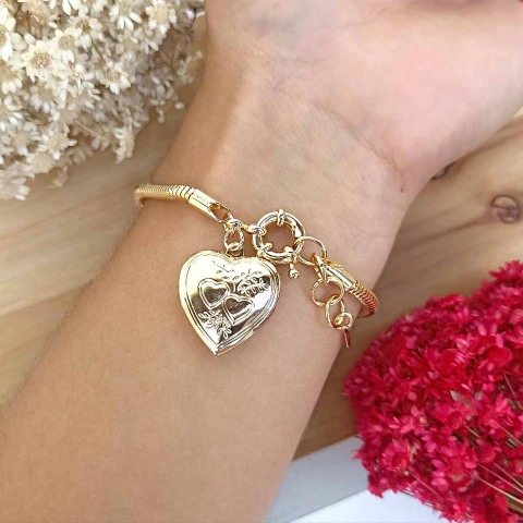 Pulseira com Relicário de Coração Folheada em Ouro 18K