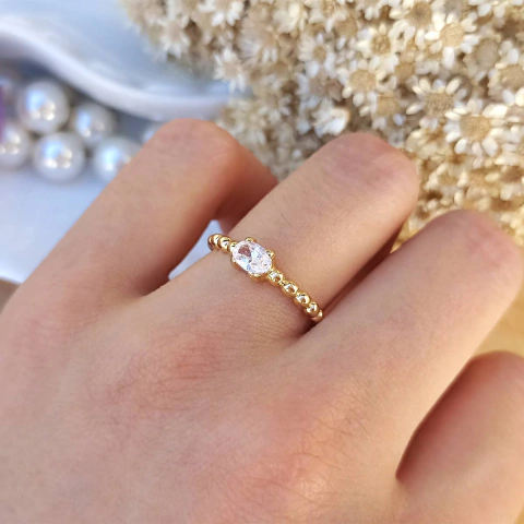 Anel Aro de Bolinhas com Topo Zirconia Oval Folheado em Ouro 18K - comprar online