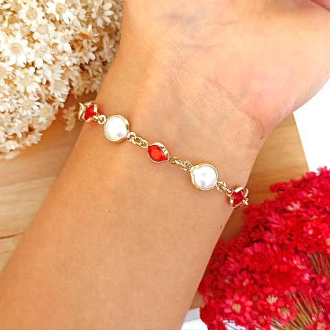 Pulseira com Pérolas e Cristais Vermelhos Folheado em Ouro 18K - comprar online
