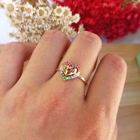 Anel I Love You com Coração de Zircônias Coloridas Folheado em Ouro 18K - comprar online