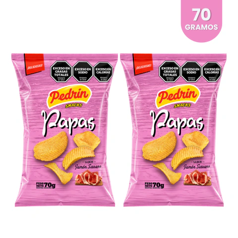 Papas Fritas Sabor Jamón Serrano Pedrin 70gr Pack x2 Unidades