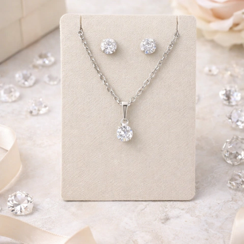 Conjunto Ponto de Luz Brinco + Colar Cristal Diamante Pedra Redonda