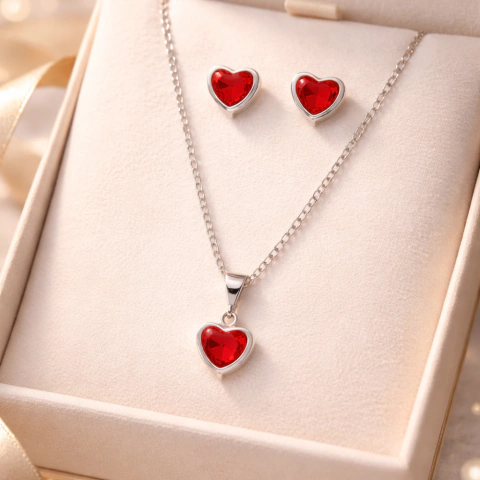 Conjunto Ponto de Luz Coração Brinco + Colar Vermelho Rubi