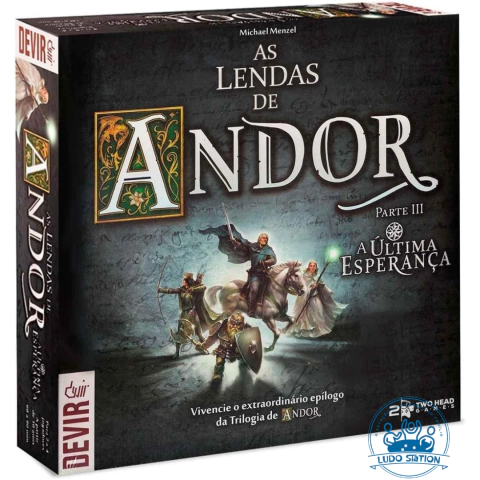 Caixa do jogo de tabuleiro Lendas de Andor Parte III: A Última Esperança com ilustração de personagens fantásticos em destaque