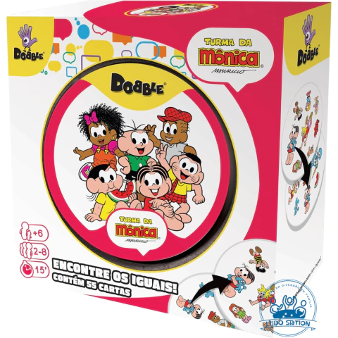 Caixa do jogo Dobble Turma da Mônica com ilustrações dos personagens da Turma da Mônica no centro
