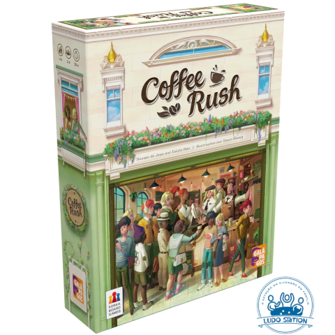 Caixa do jogo de tabuleiro Coffee Rush, mostrando uma cafeteria movimentada com personagens interagindo.