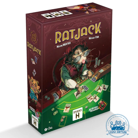 Caixa do jogo de tabuleiro Ratjack, ilustrada com um rato em um ambiente de cassino, com cartas e fichas de poker ao redor.