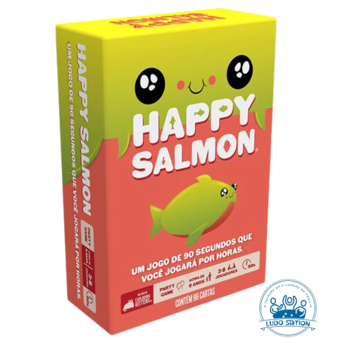 Caixa do jogo Happy Salmon, destacando o design colorido e divertido, com um salmão sorridente e informações sobre o jogo.