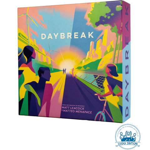 Caixa do jogo Daybreak, com ilustrações coloridas de pessoas em um ambiente urbano sustentável.