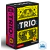 Caixa do jogo de cartas Trio com design colorido em preto, amarelo e rosa, ilustrando esqueletos, cacto e abacate