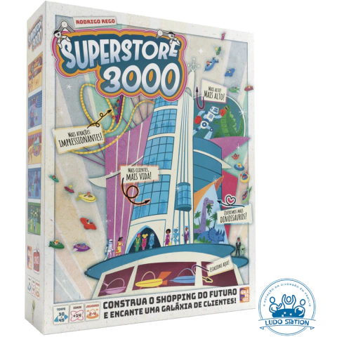 Caixa do jogo de tabuleiro Superstore 3000, ilustrando um shopping futurista com elementos divertidos e coloridos.