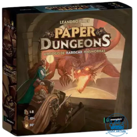 Jogo de tabuleiro Paper Dungeons com caixa frontal, 