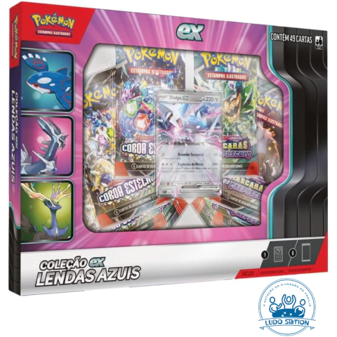 Box Pokémon Coleção Lendas Azuis Dialga EX com cartas ilustradas e embalagem colorida.
