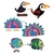 Imagens de animais feitos com pompons, incluindo um tucano, um pavão e um peixe colorido, com ilustrações passo a passo para montagem.