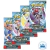 Exibição de pacotes do jogo de cartas Pokémon Scarlet & Violet - Journey Together, mostrando quatro boosters com personagens variados.