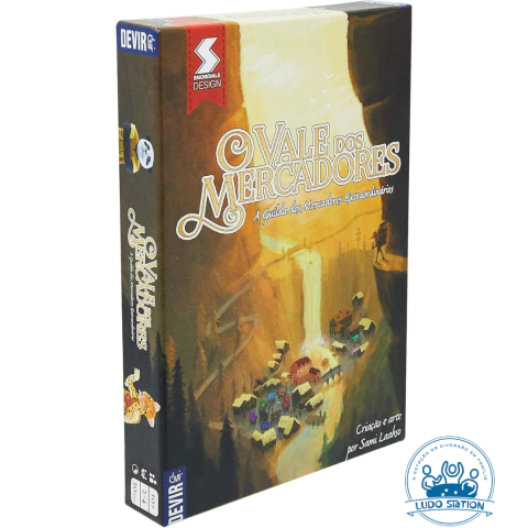 Caixa do jogo de tabuleiro "O Vale dos Mercadores" com ilustração de vila em vale e cachoeira