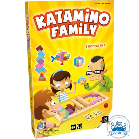Caixa do jogo de tabuleiro Gigamic Familia Katamino com ilustrações de crianças e adulto jogando peças coloridas de madeira