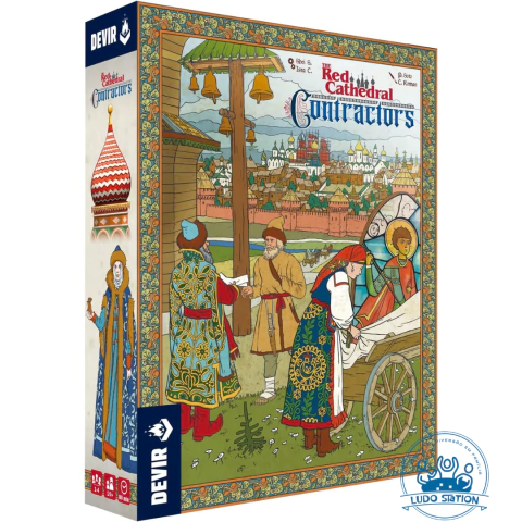 Caixa do jogo de tabuleiro Red Cathedral: Contractors com ilustração de personagens medievais e cenário de cidade antiga