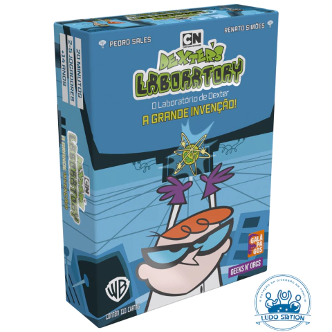 Caixa do jogo de cartas Dexter's Laboratory - O Laboratório de Dexter, edição A Grande Invenção, com arte do personagem Dexter da série animada.