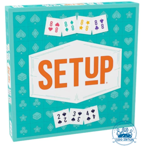 Caixa do jogo de tabuleiro Setup com fundo azul e cartas ilustradas