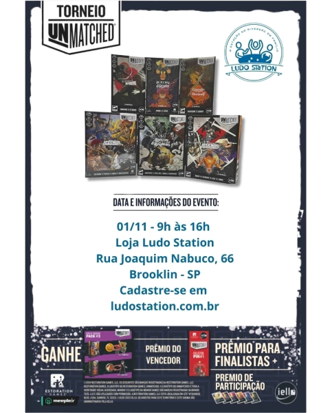 Cartaz do Primeiro Torneio Unmatched promovido por LudoStation e MeepleBr com informações sobre data, local e premiações