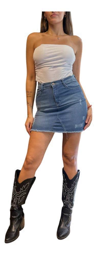 Pollera De Jean Elastizada C/ Roturas Tiro Alto